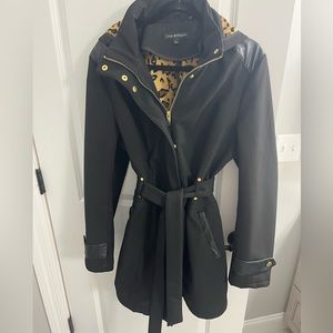 Via Spiga XL like new hooded coat leopard print belted w zipper and snaps